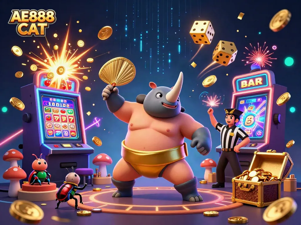 Experience thrilling gameplay with AE888 CAT's vibrant 3D casino illustration featuring exciting elements and characters.