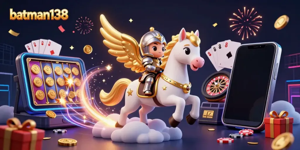 Experience thrilling gameplay with batman138, where a celestial knight rides a winged horse amidst dynamic casino elements.