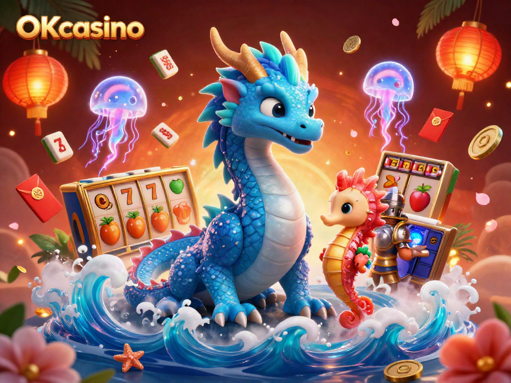 เล่นเกมสล็อตออนไลน์ที่ OKcasino กับมังกรน้ำเงินและอัศวินม้าน้ำในบรรยากาศคาสิโน