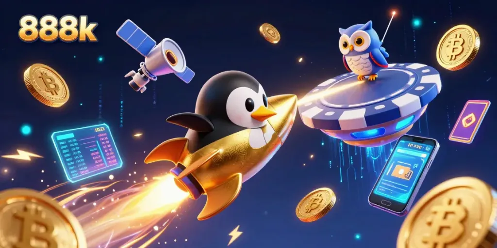 Engage in thrilling gameplay with 888k as the golden penguin propels to a casino in vibrant cosmic colors.