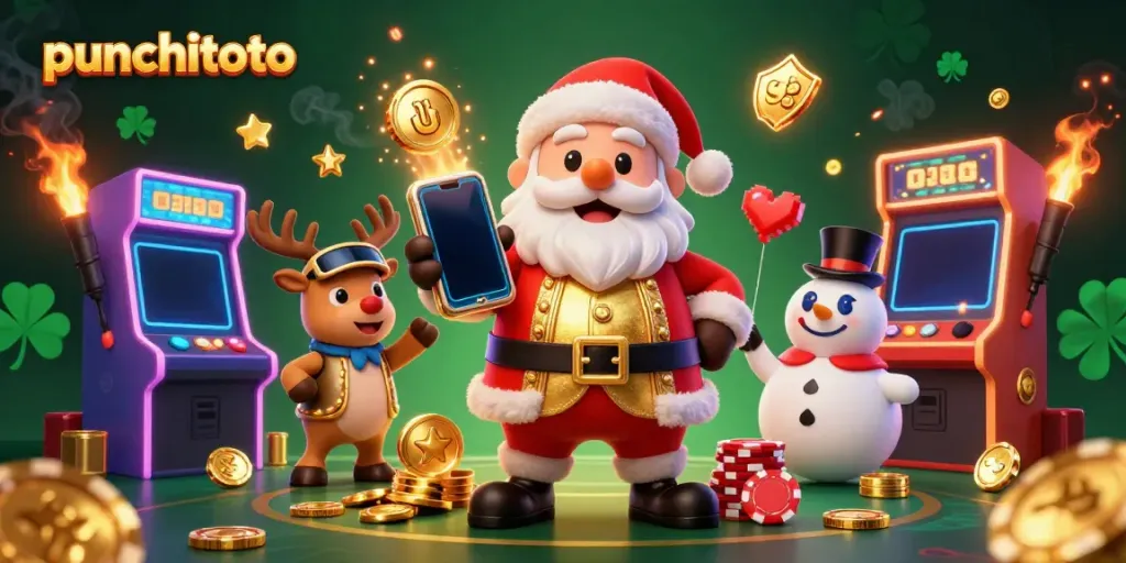 Gambar puncaktoto menggambarkan Santa Claus 3D dan teman-temannya di kasino, beraksi dalam permainan jackpot.