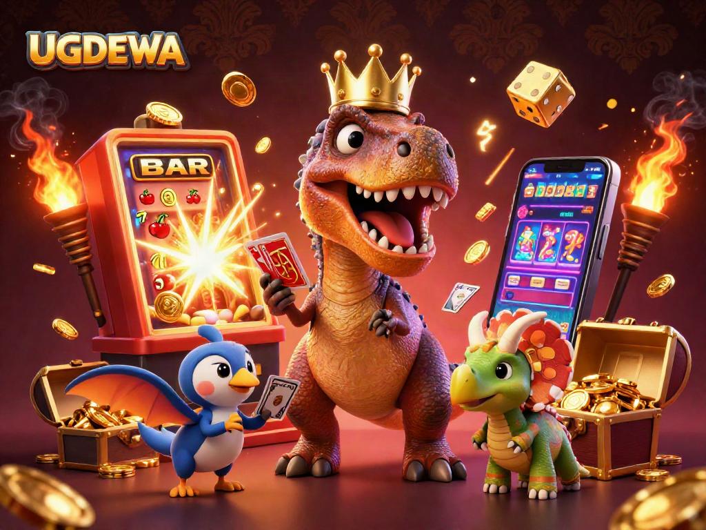 UGDEWA showcases a T-Rex shuffling cards with a pterodactyl and triceratops amidst a jackpot explosion.