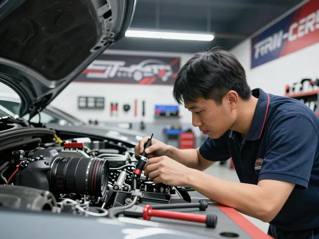 Mechanic inspecting an A80 platform vehicle in a vibrant workshop