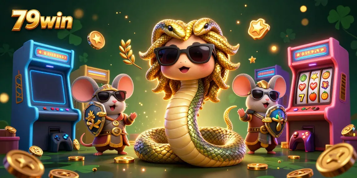 Play 79win's thrilling slots with Medusa and a warrior mouse in a vibrant casino scene.