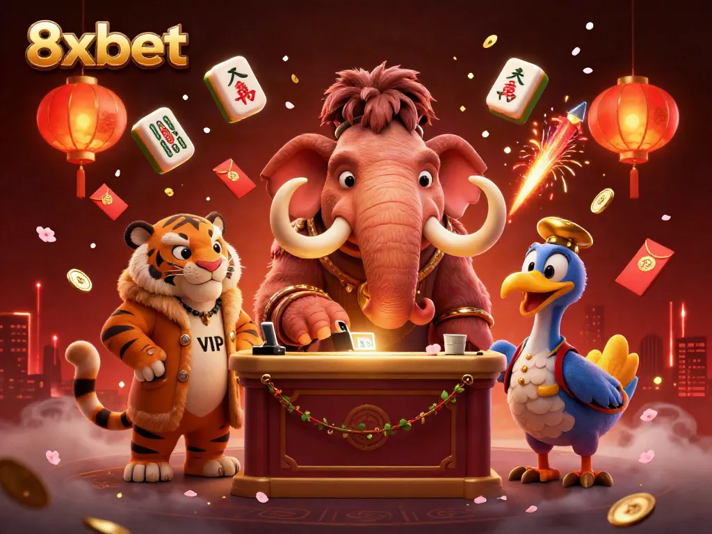 Experience the thrill of 8xbet with a 3D cartoon scene featuring a woolly mammoth casino bouncer, saber-tooth tiger VIP, and vibrant casino elements.