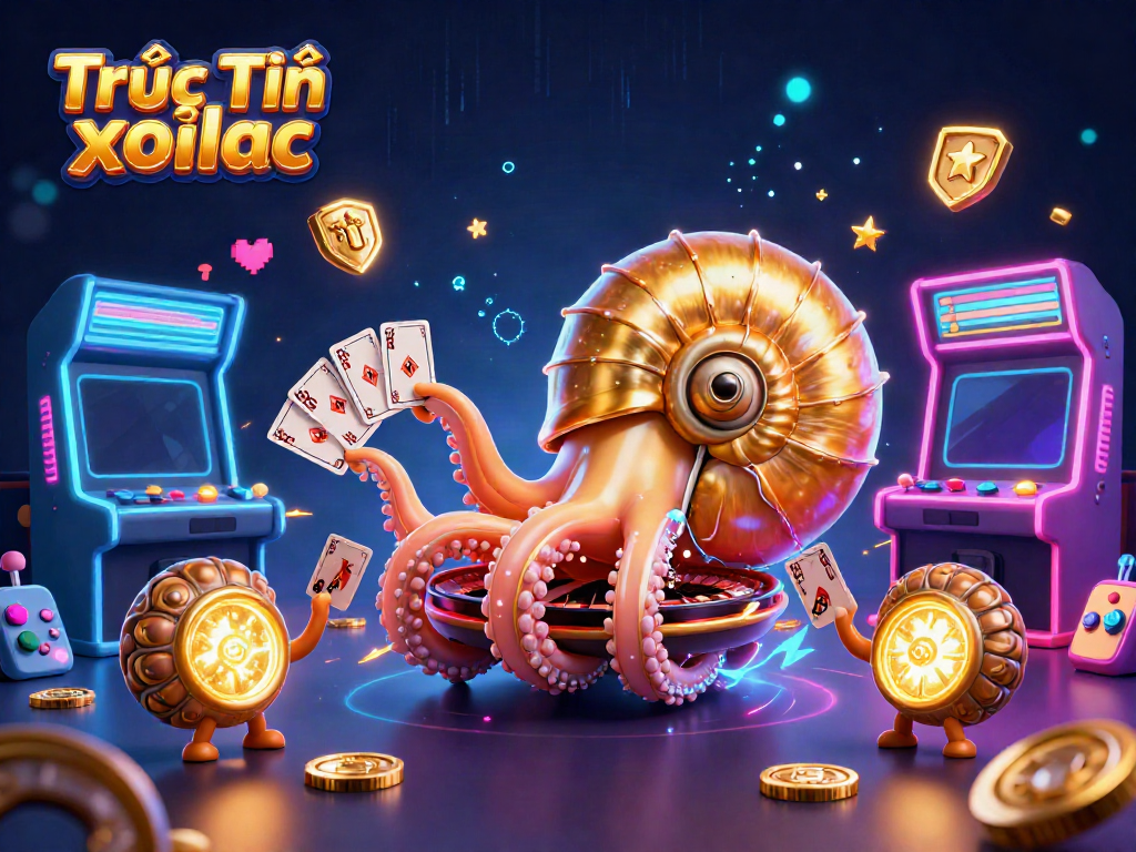 Experience the vibrant action of Trực Tiếp xoilac with a 3D nautilus and glowing game elements in this lively illustration.