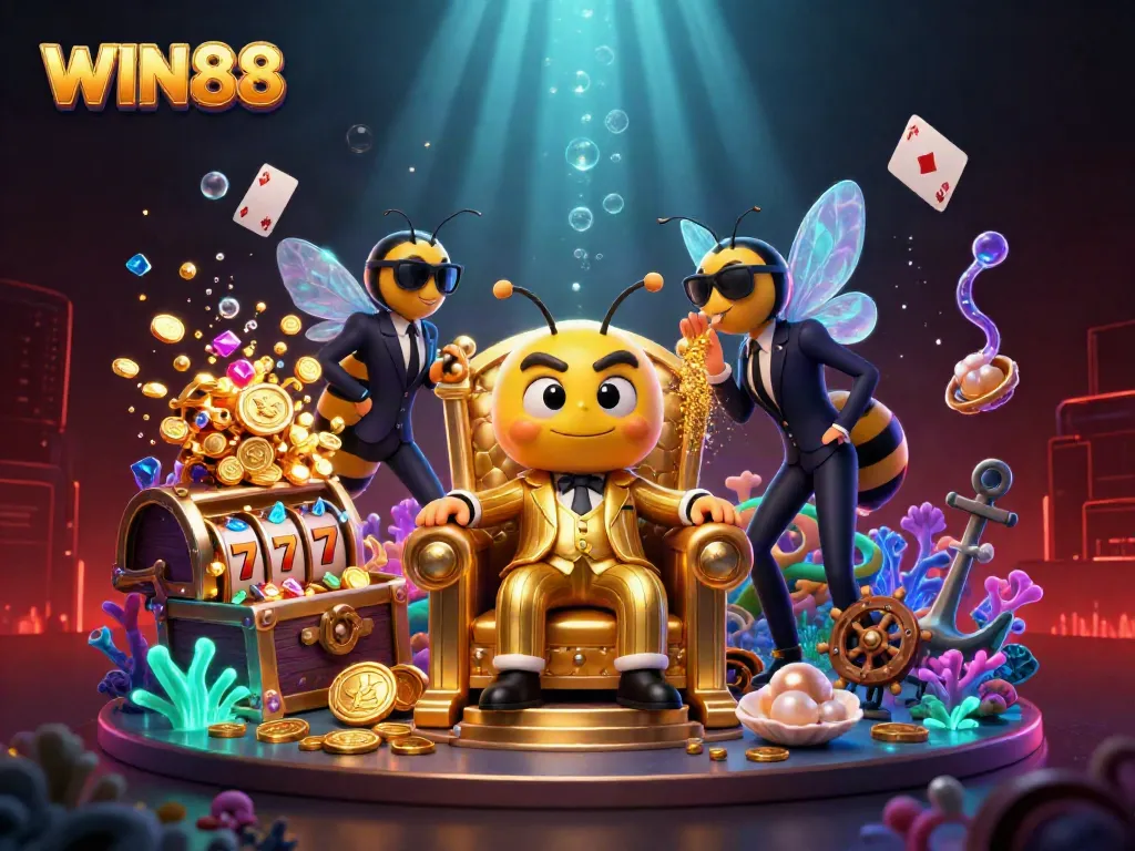 Experience massive wins with WIN88 in a vibrant casino-themed 3D scene.