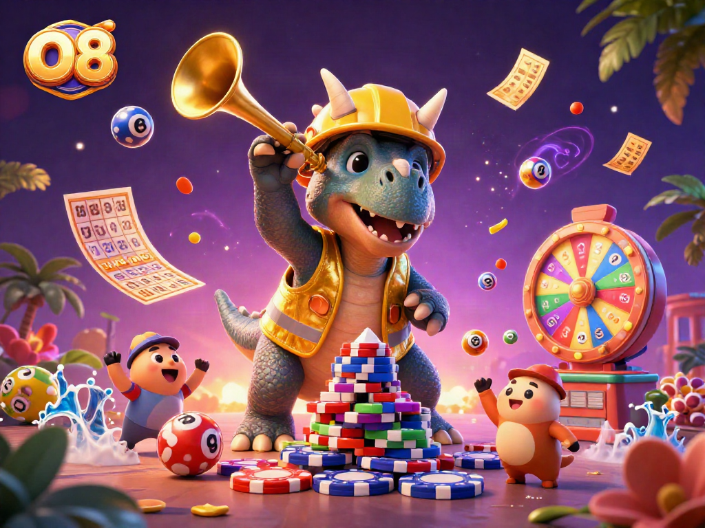 O8 captures the excitement of gambling with cartoon dinosaurs building poker chips and a lively lottery scene.