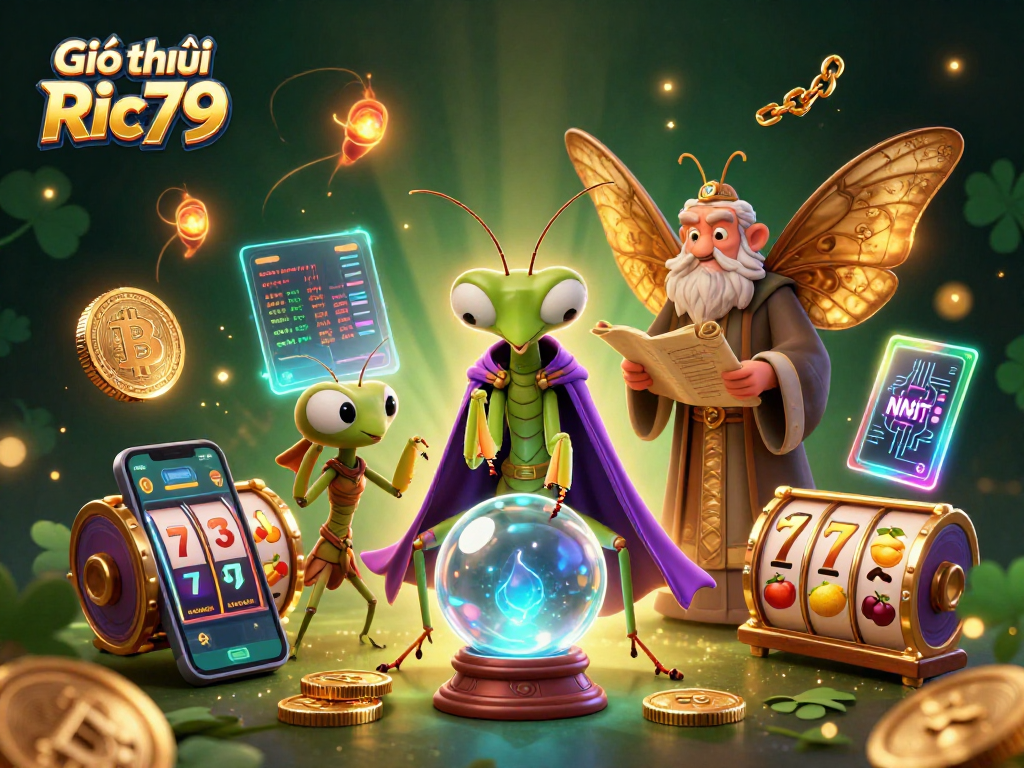 Experience the magic of Giới thiệu Ric79 with a vibrant 3D illustration showcasing a fortune teller and casino elements.