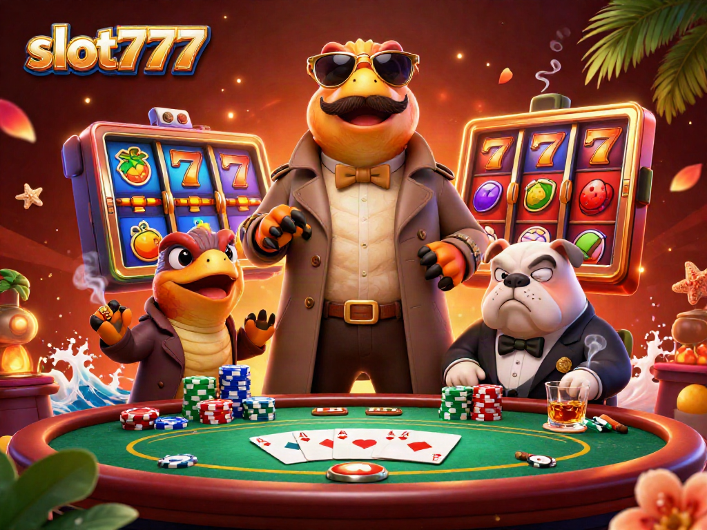 Engage with slot777 at a vibrant casino scene featuring cartoon raptors and poker dynamics.