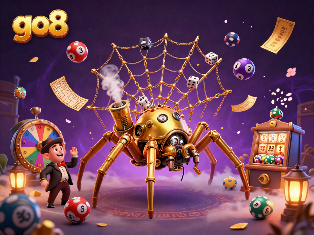 Capture excitement at the go8 casino with steampunk spider webbing golden chains and dynamic lottery elements.
