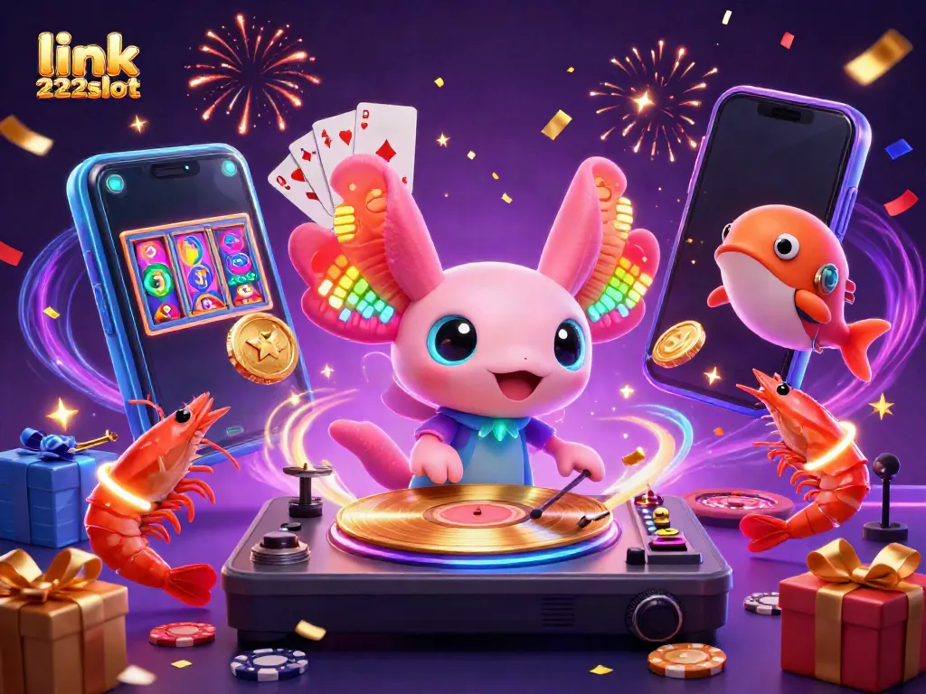 Link 222slot menawarkan hiburan seru dengan ilustrasi kasino digital penuh warna dan energi.