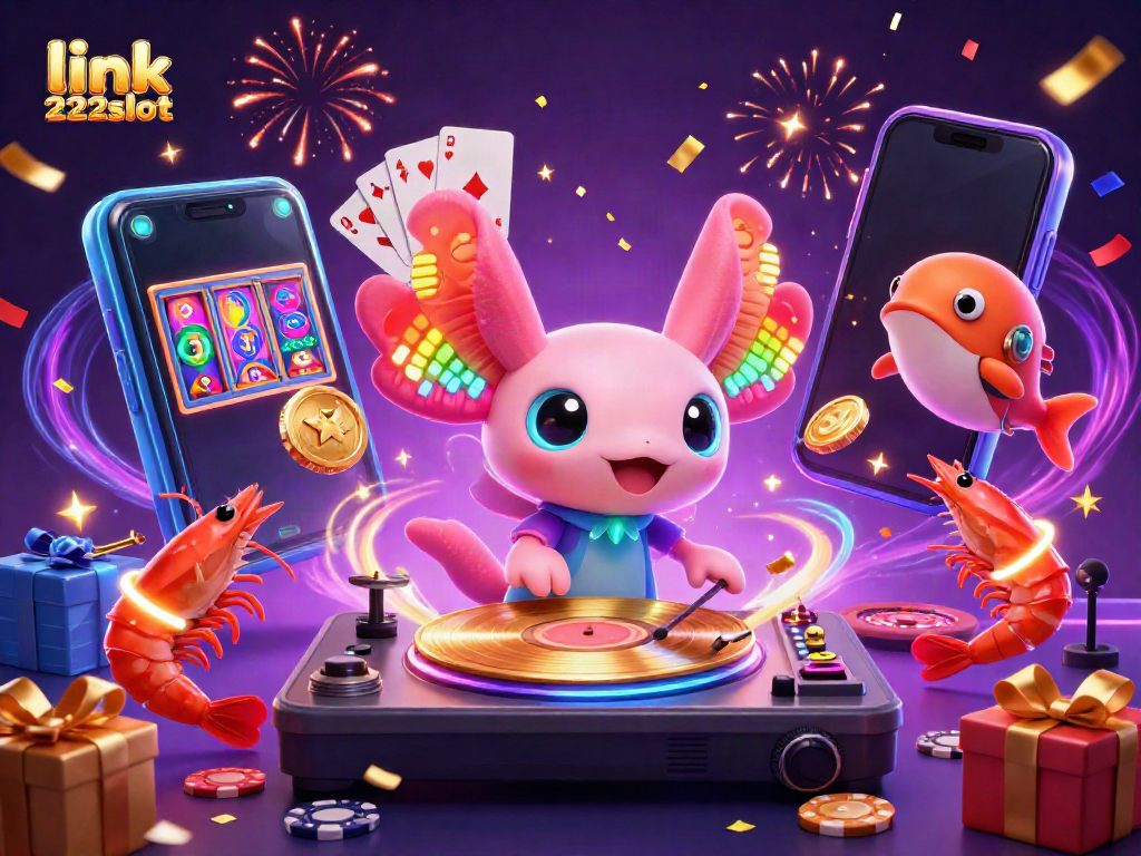 Link 222slot menawarkan hiburan seru dengan ilustrasi kasino digital penuh warna dan energi.
