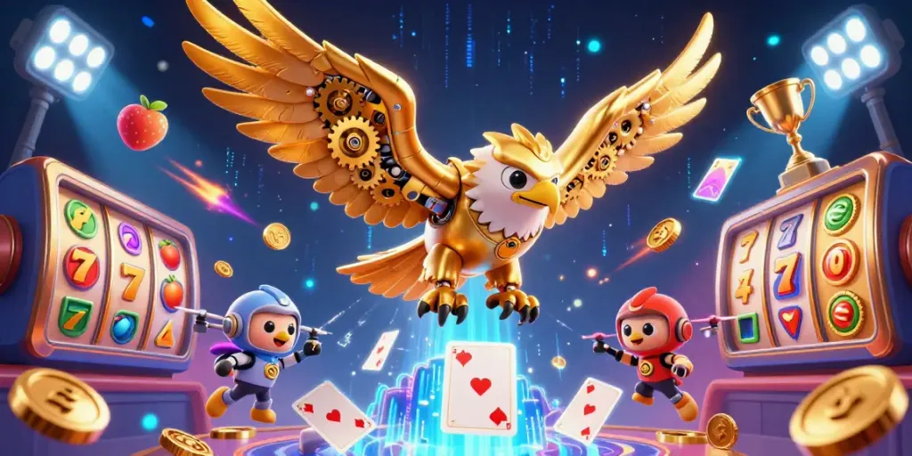 Bengkel 69 showcases a cybernetic eagle amidst a vibrant slot scene filled with holographic cards and dynamic game elements.