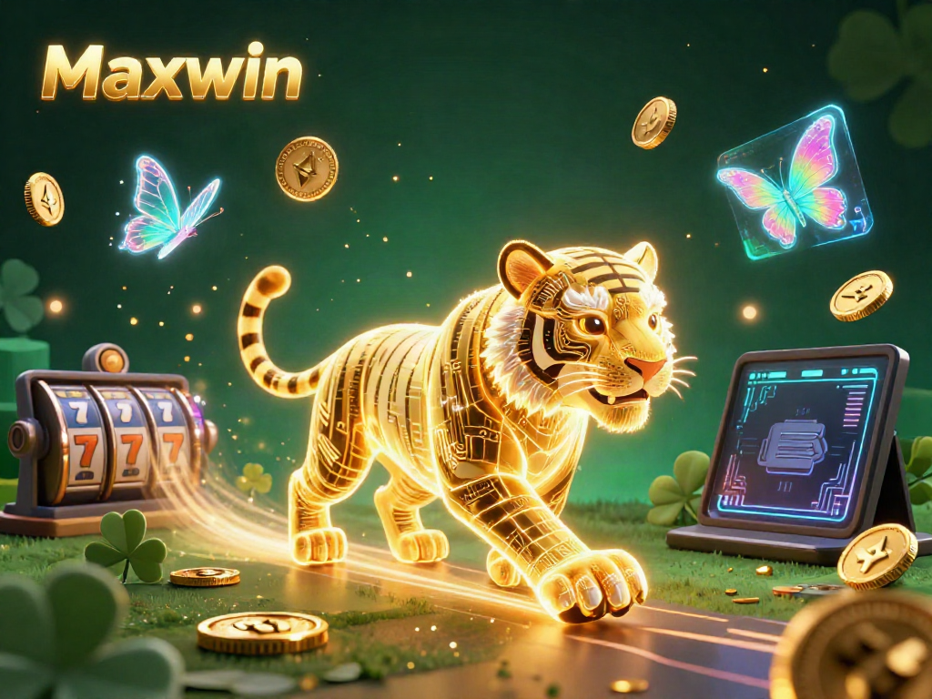 Maxwin evokes excitement with a neon tiger in a casino landscape full of Bitcoin, slot machines, and vibrant energy.