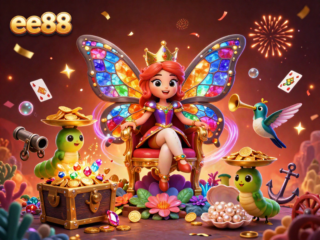Engage with ee88 as the cartoon butterfly queen rules over a vibrant casino kingdom filled with treasure and excitement.