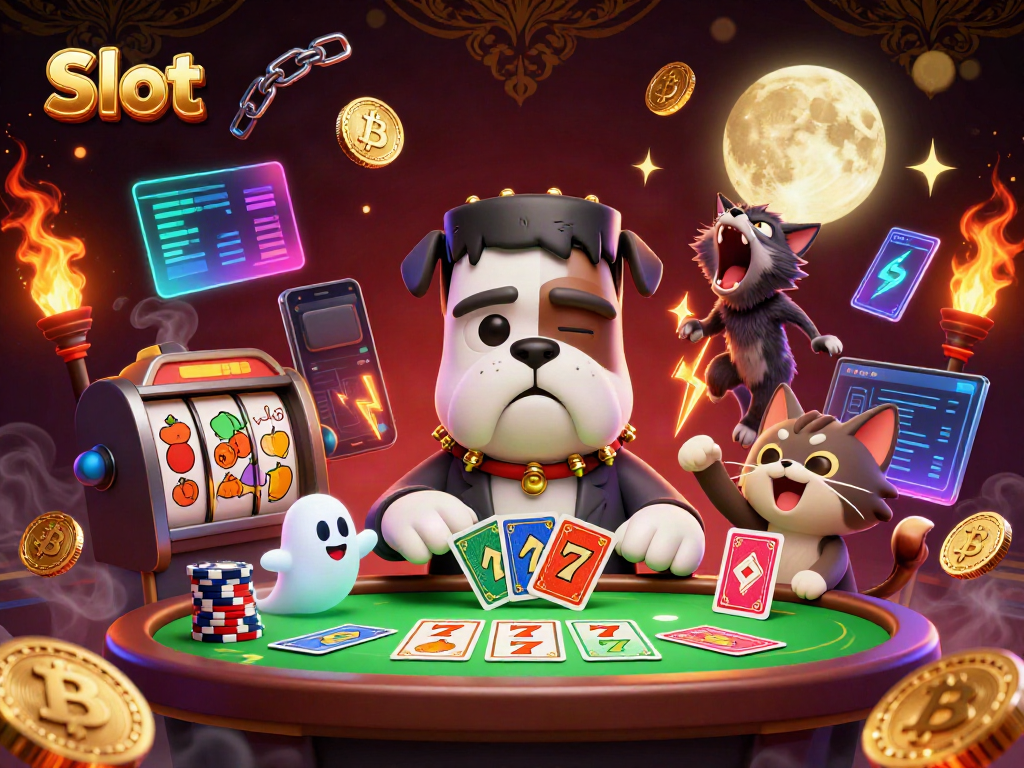 Engaging Slot-themed scene with a Frankenstein bulldog monster dealing cards among colorful reels and symbols, creating a lively casino atmosphere.