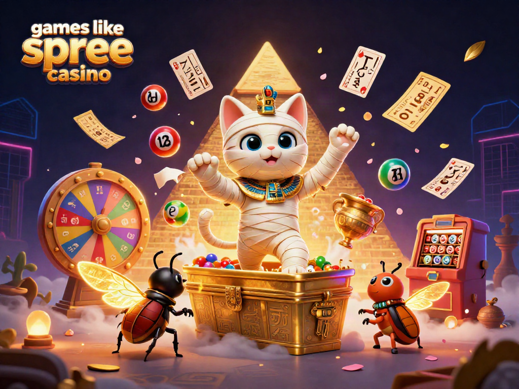 Experience games like spree casino with an engaging scene of an Egyptian mummy cat and glowing scarab, bursting with vibrant lottery elements.