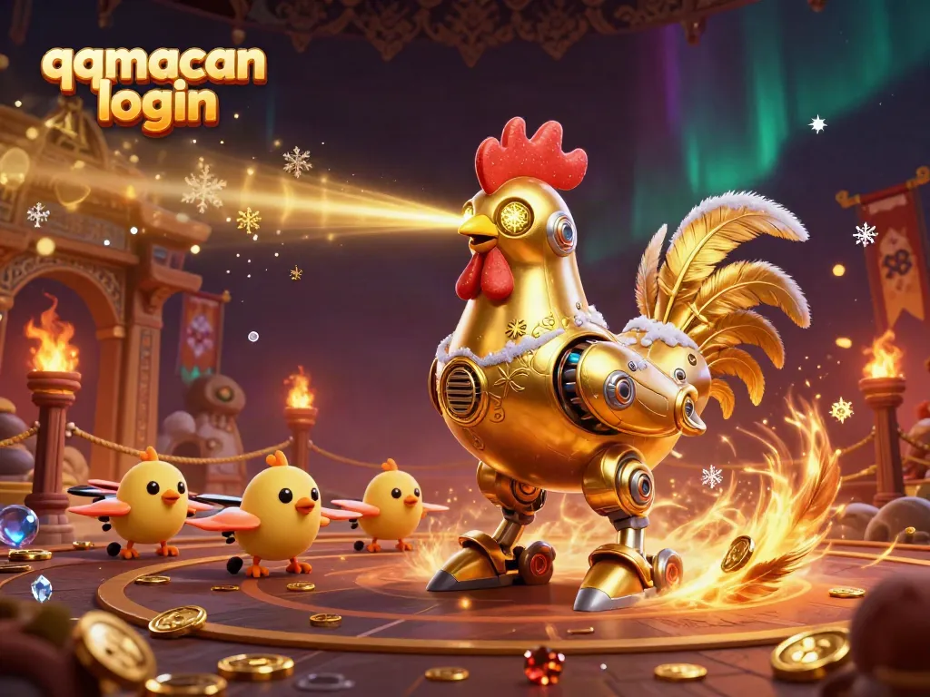 Engage with the exciting qqmacan login experience featuring vibrant casino-themed 3D artwork.