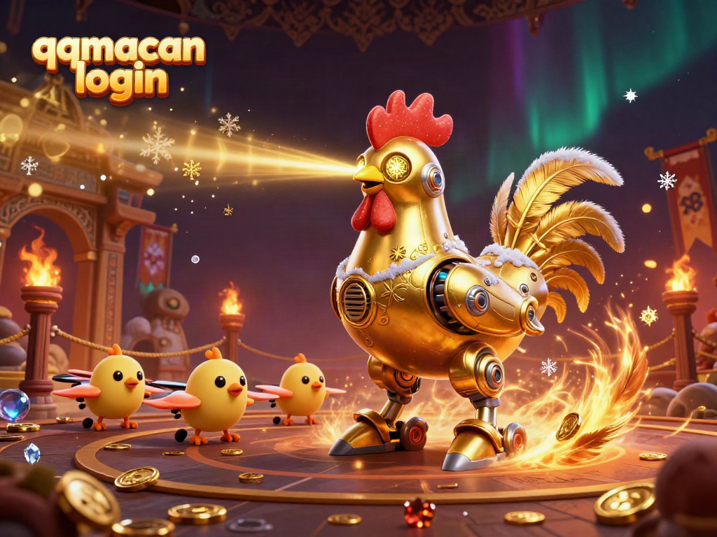 Engage with the exciting qqmacan login experience featuring vibrant casino-themed 3D artwork.