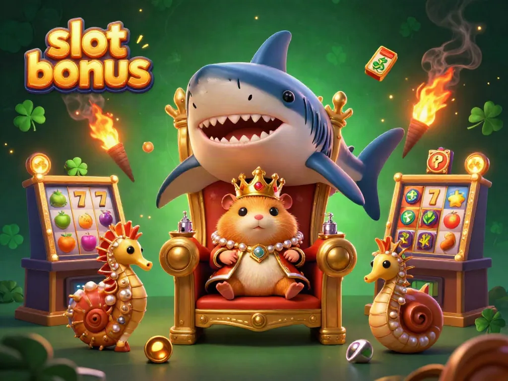 Experience the slot bonus excitement with a golden hamster king on his megalodon throne, surrounded by colorful slot machines and royal seahorse guards.