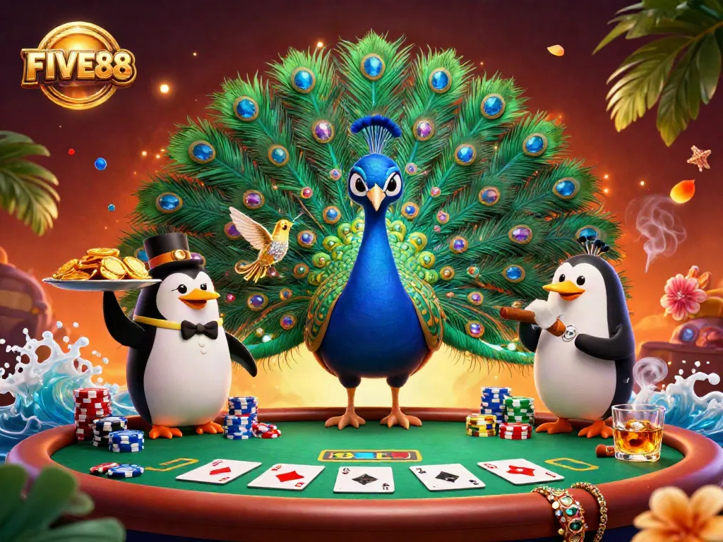 Experience the excitement at FIVE88 with a lavish 3D casino scene showcasing card games and rich visuals.