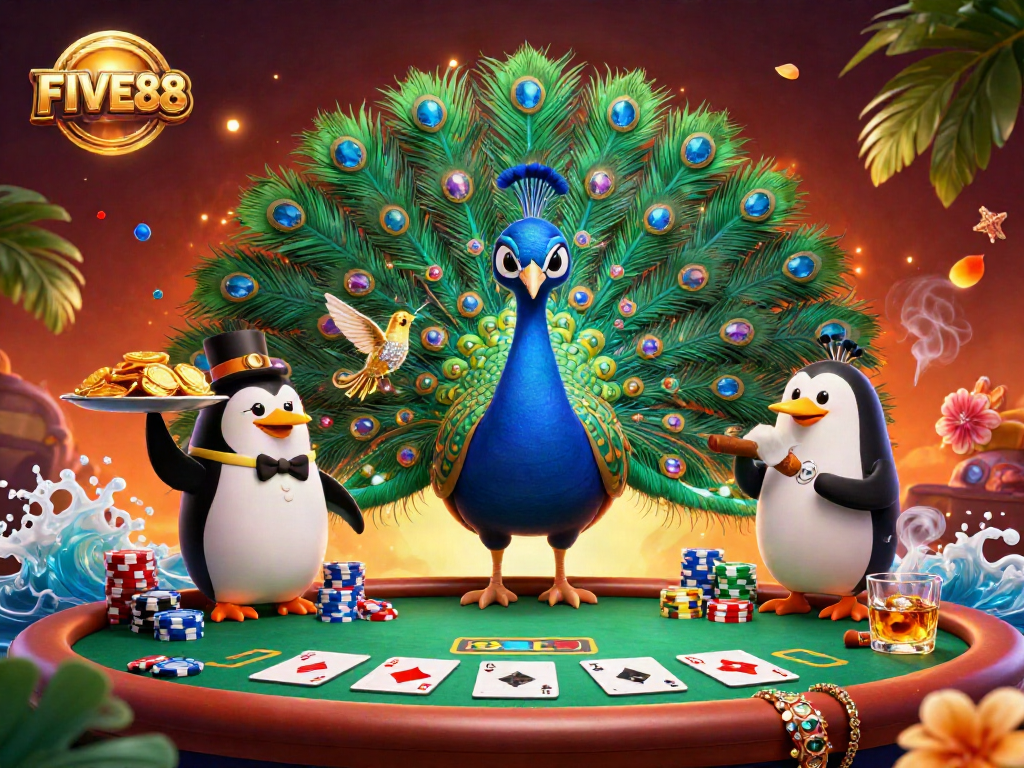 Experience the excitement at FIVE88 with a lavish 3D casino scene showcasing card games and rich visuals.
