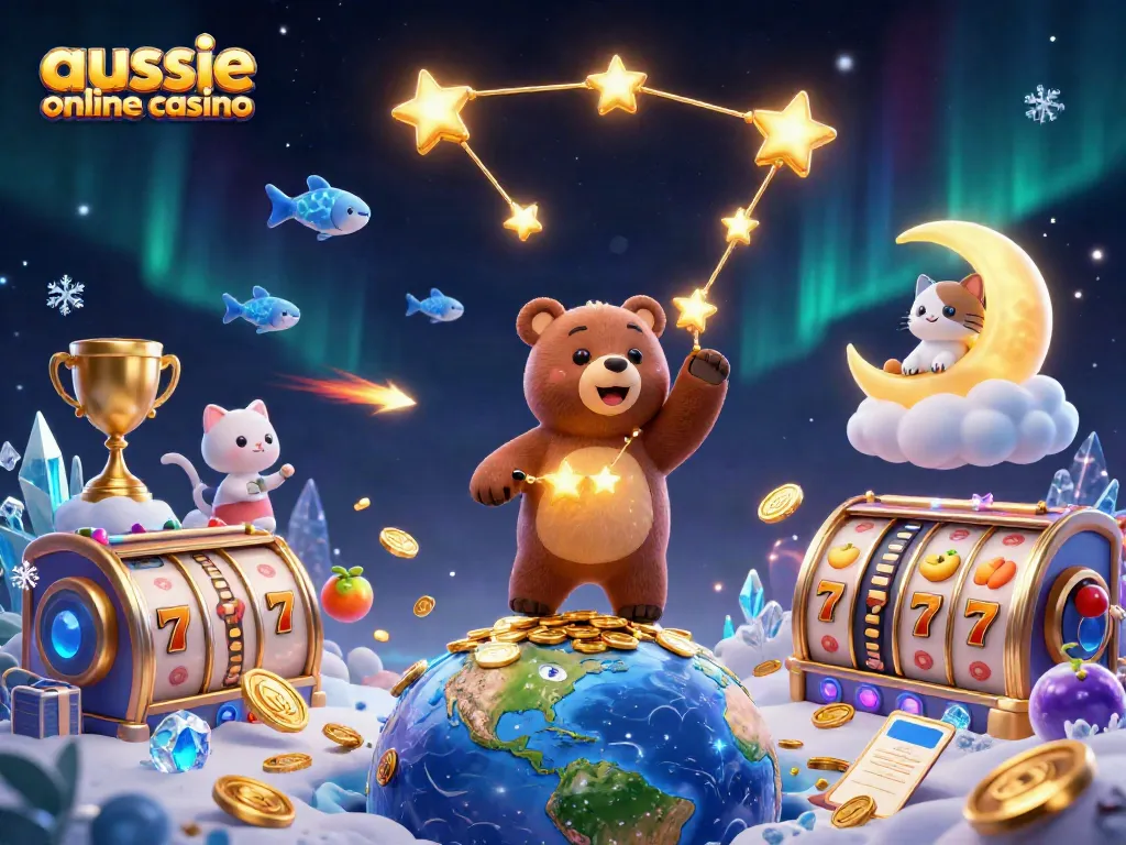 Experience the thrill of aussie online casino with a sparkling night sky scene filled with cartoon characters and exciting game elements.