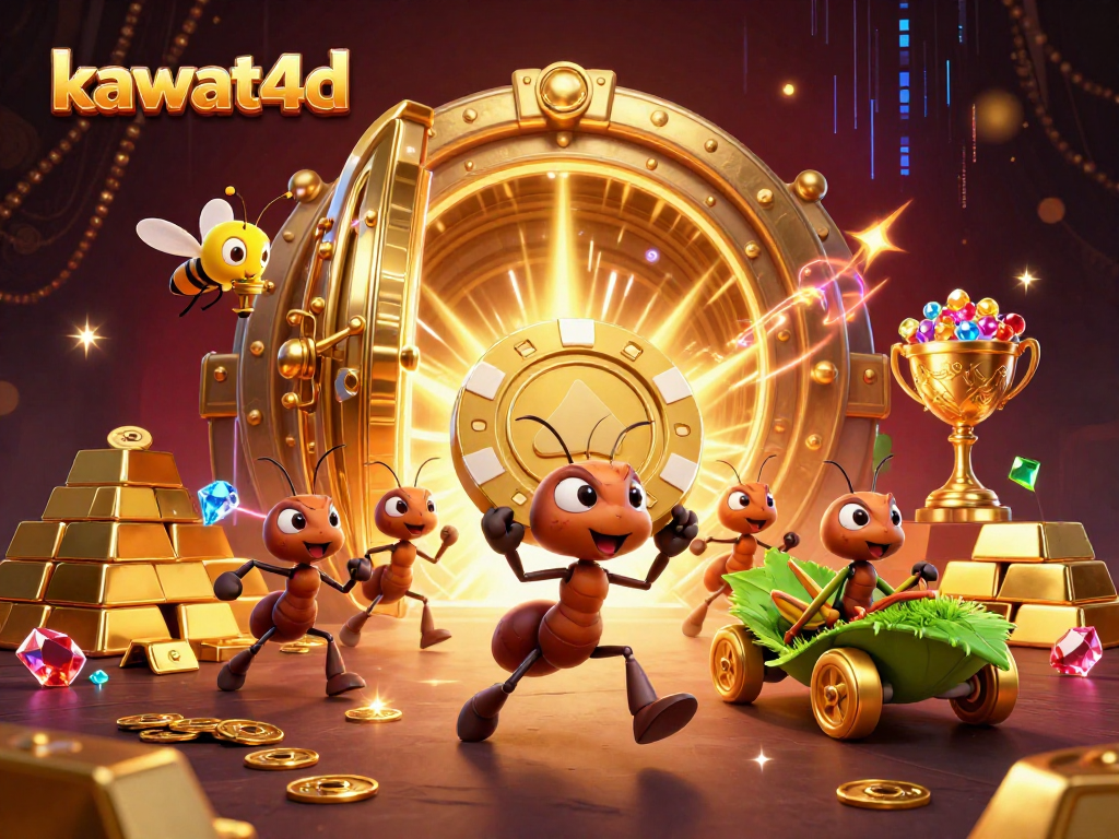 Kawat4d, tim karakter 3D membawa chip poker emas besar dalam suasana kasino yang meriah.