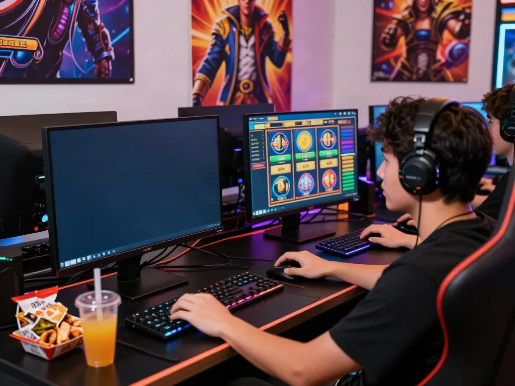 Poka88 gaming enthusiast enjoying a slot game with colorful displays at a high-tech gaming setup.