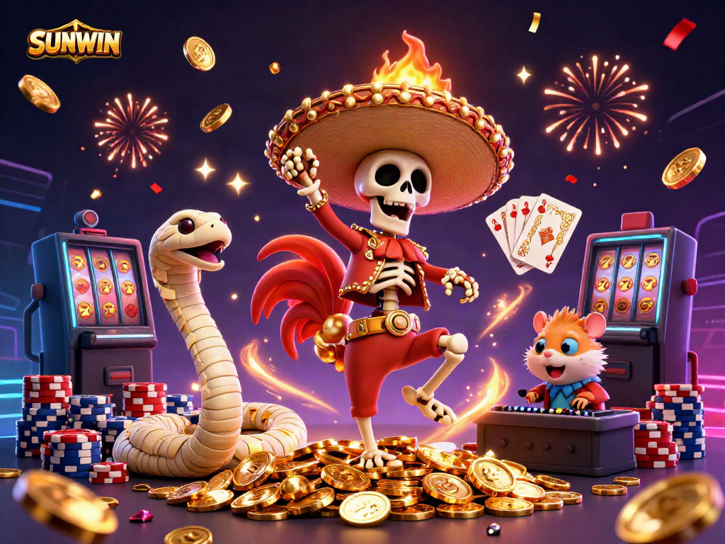 SUNWIN showcases a festive casino scene with a mariachi rooster, mummy snake, and zombie DJ celebrating among golden coins.