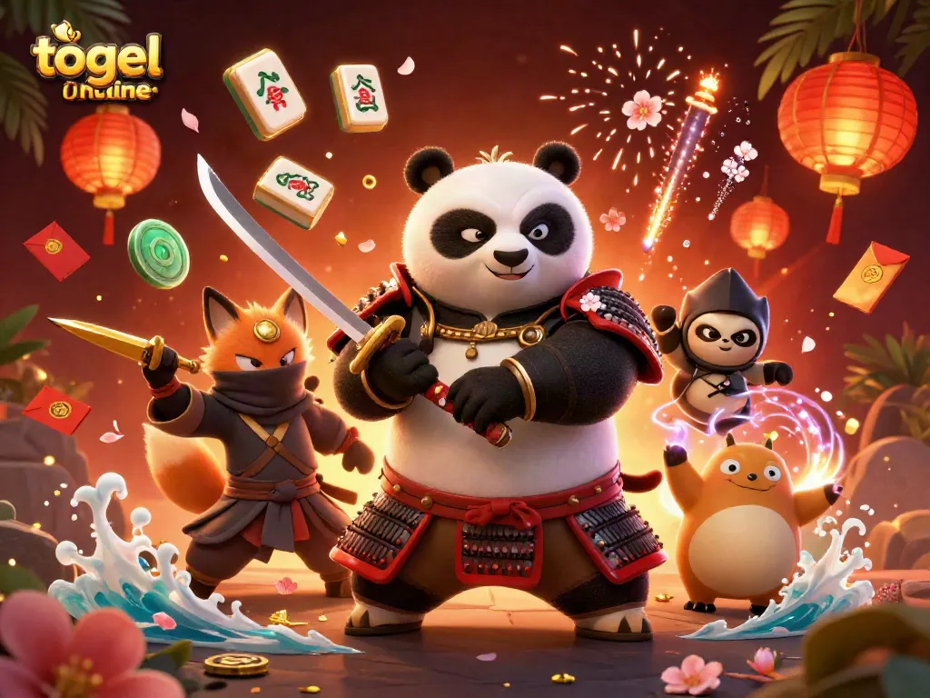 Bermain togel online dengan karakter panda samurai dan rubah ninja, dikelilingi elemen permainan yang menggembirakan