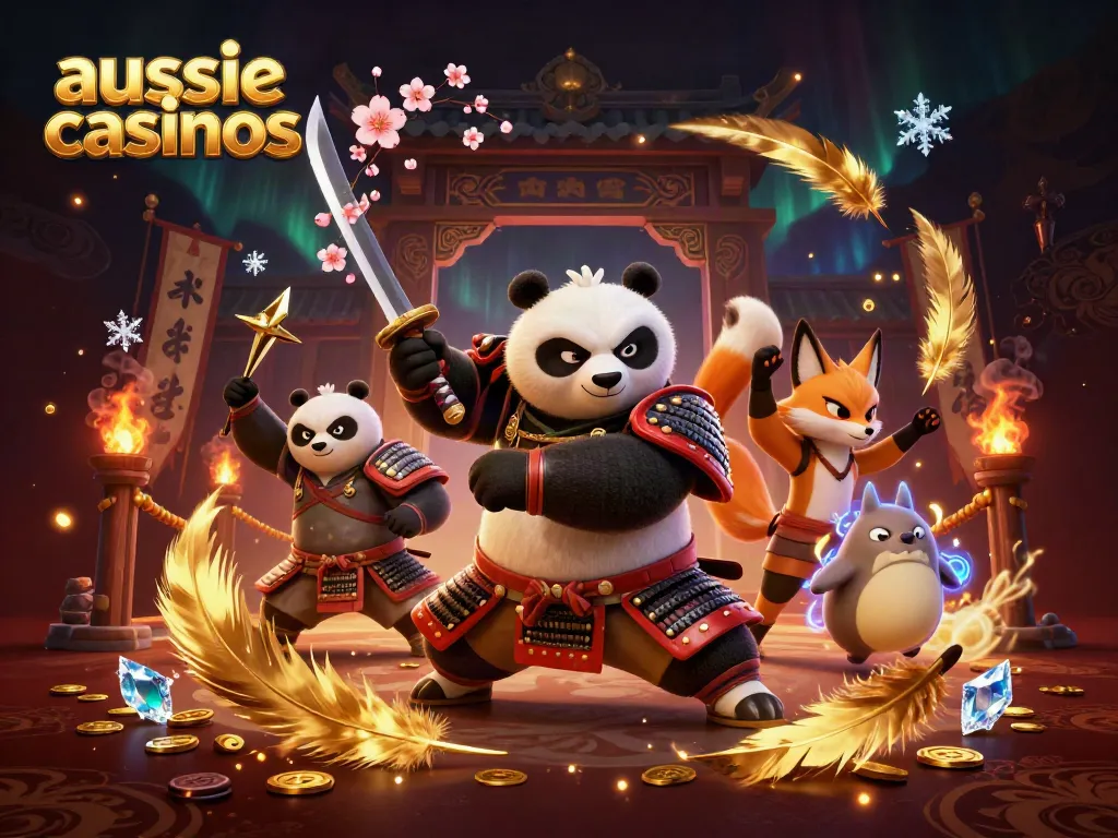 Experience thrilling action in Aussie casinos with a samurai panda and ninja fox amidst blazing tokens.