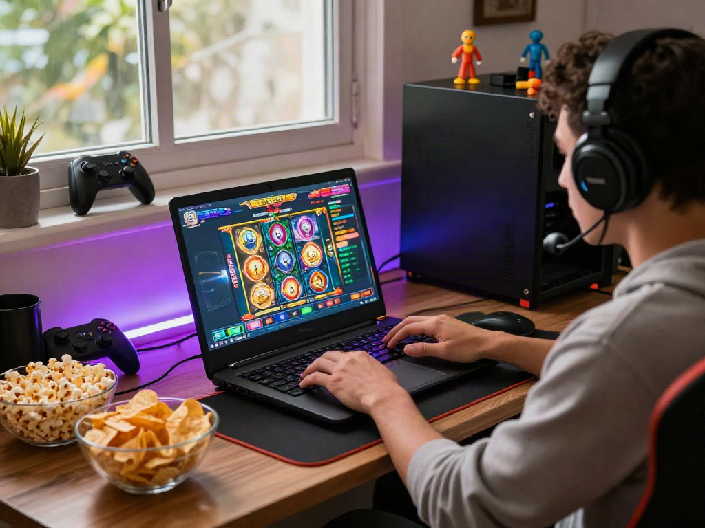 Engaging gamer enjoying slot gacor hari ini on a laptop surrounded by colorful gaming accessories.