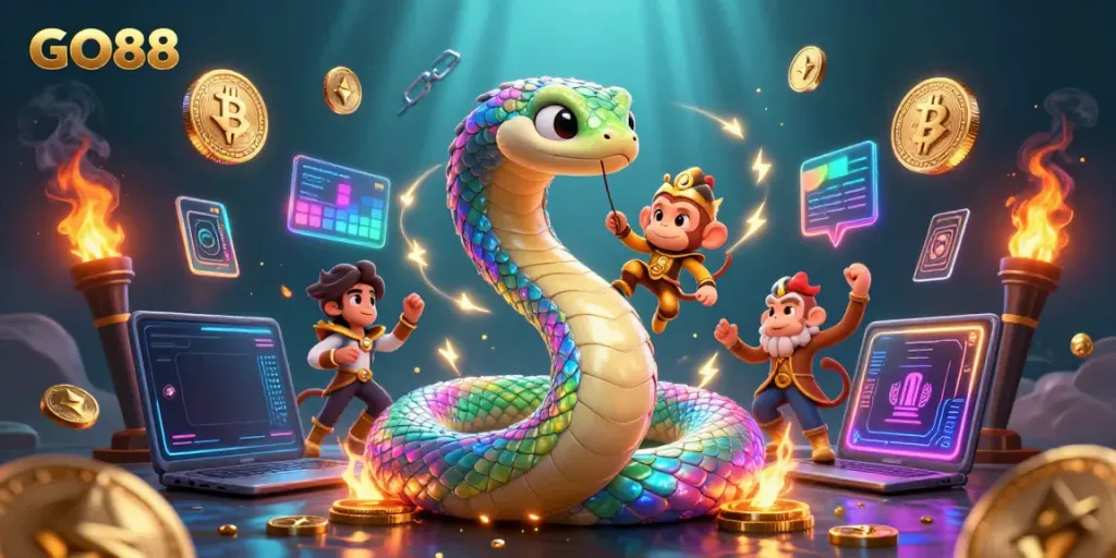 Experience the thrill of GO88 with playful characters and vibrant gaming elements in a colorful casino world.
