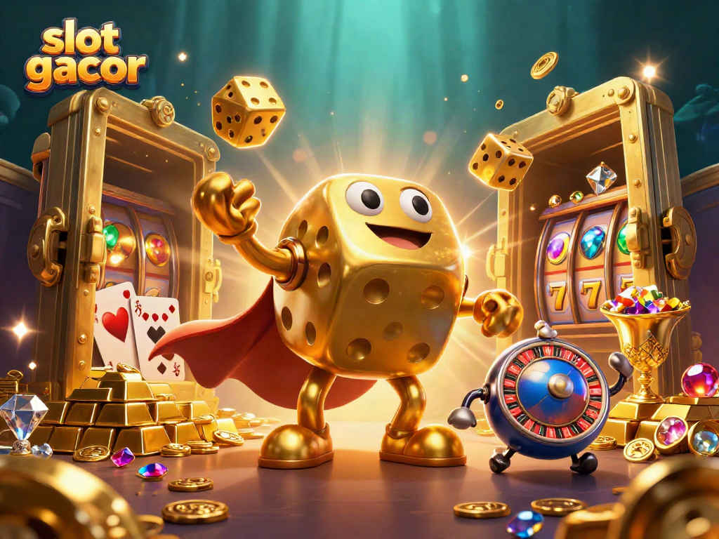 Menangkan slot gacor dengan golem dadu emas yang menjulang dan simbol permainan di sekitarnya.