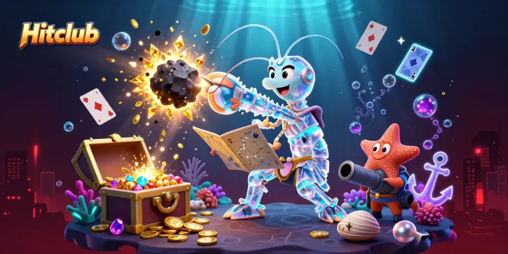 Experience the thrill of Hitclub with a galactic samurai mantis shrimp amidst exploding asteroids, gems, and casino elements.