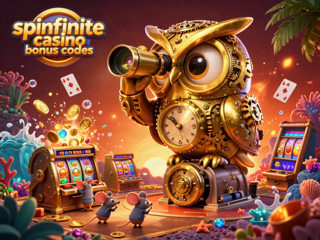 Spinfinite casino bonus codes featured in a vibrant 3D illustration showcasing a golden owl and slot machines