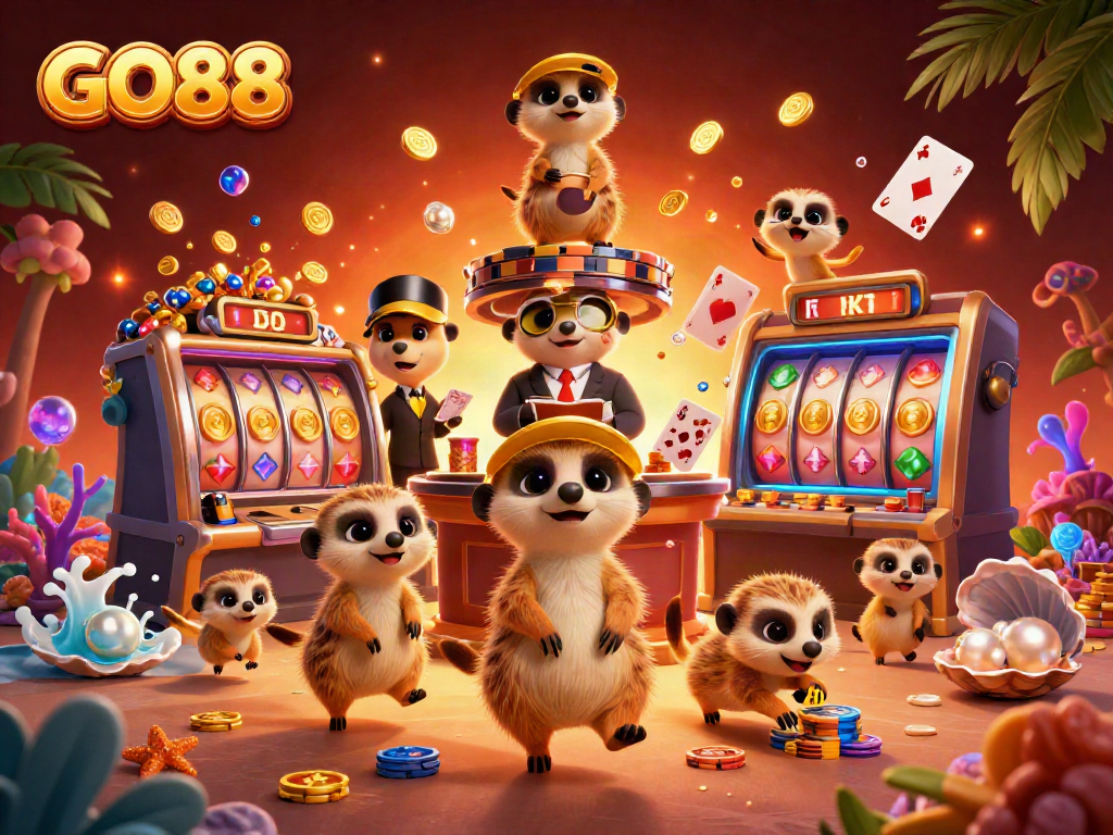 Engage with the dynamic GO88 casino scene featuring meerkats amidst slots, chips, and treasures.
