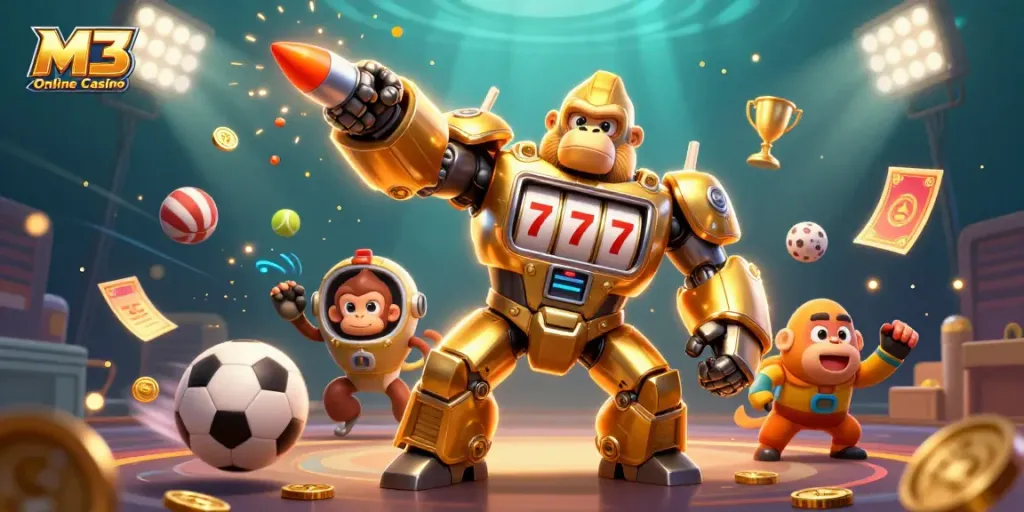 M3 Online Casino transformation with a golden gorilla mech amidst dynamic sports elements.