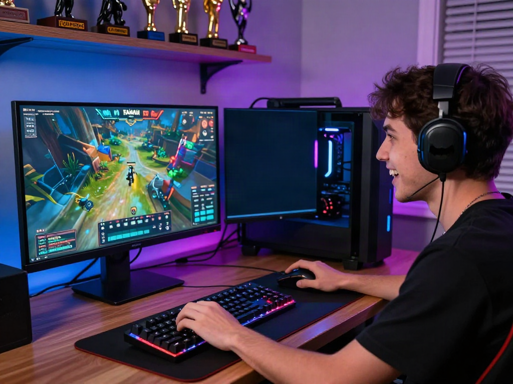 Engaged player enjoying Batman138 online gaming experience on high-performance setup with dual monitors and vibrant graphics.