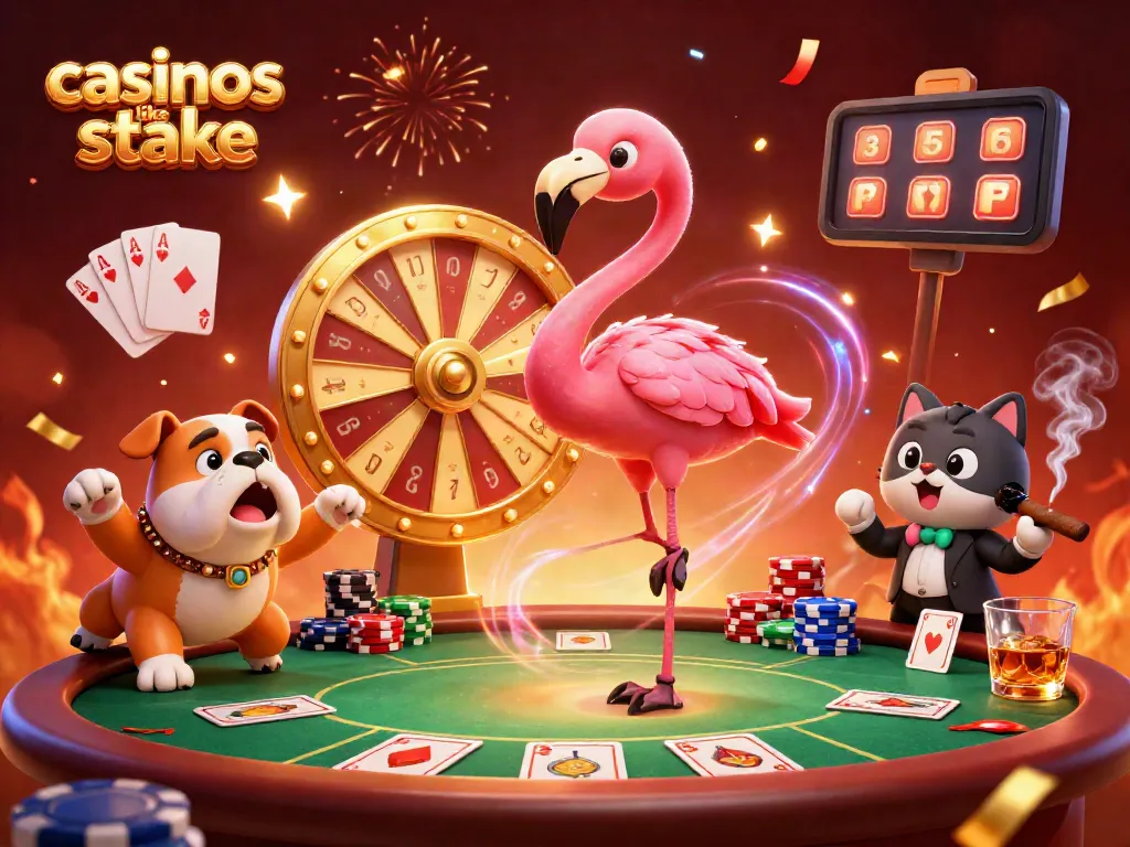 Play exciting games at casinos like stake, featuring vibrant characters, poker tables, and dynamic prizes.
