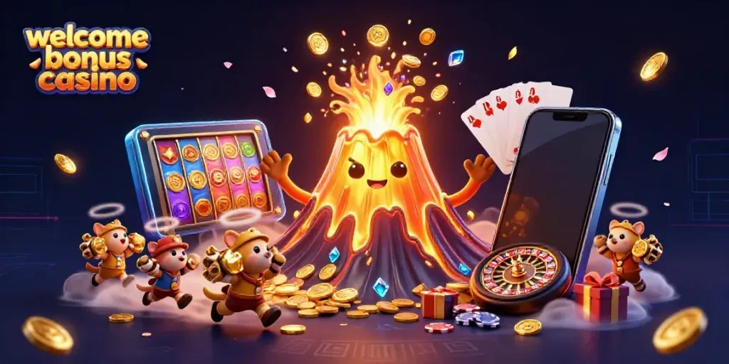 Feel the excitement with the welcome bonus casino as golden volcano erupts coins and treasures in a vibrant scene.
