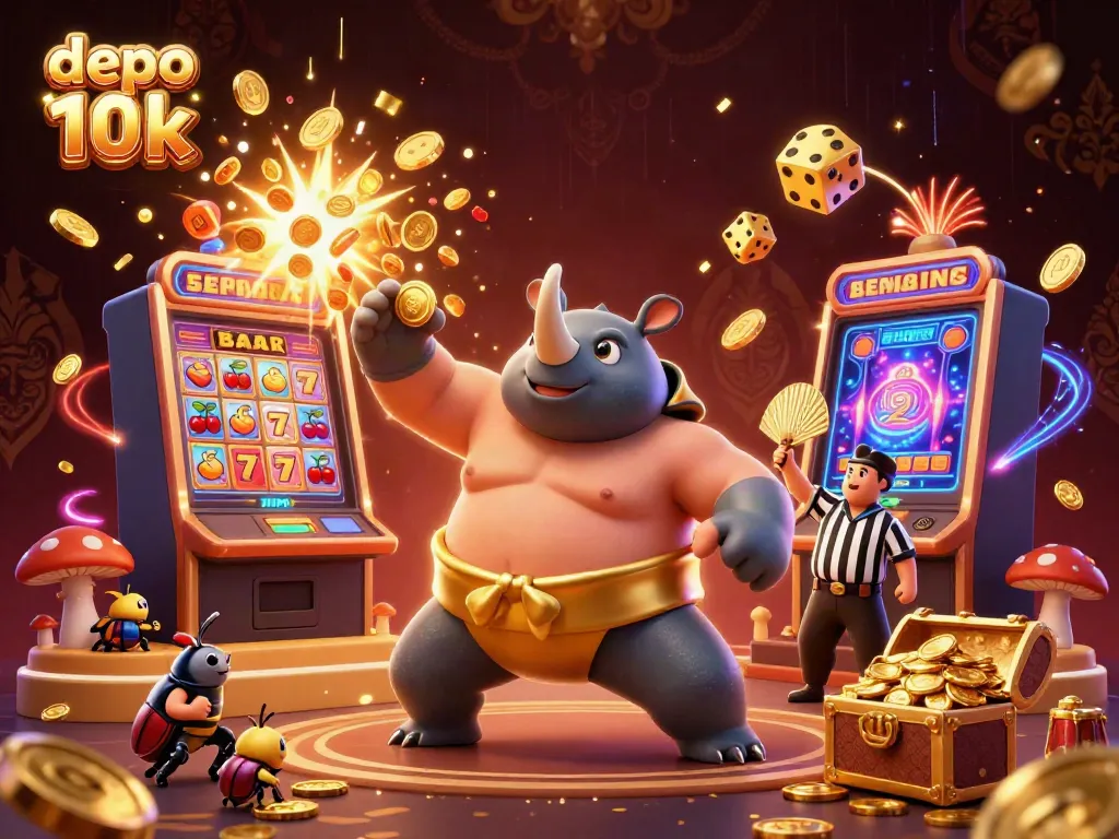 Experience exciting slots with depo 10k as a rhinoceros beetle sumo champion stomps for jackpots amidst falling coins.