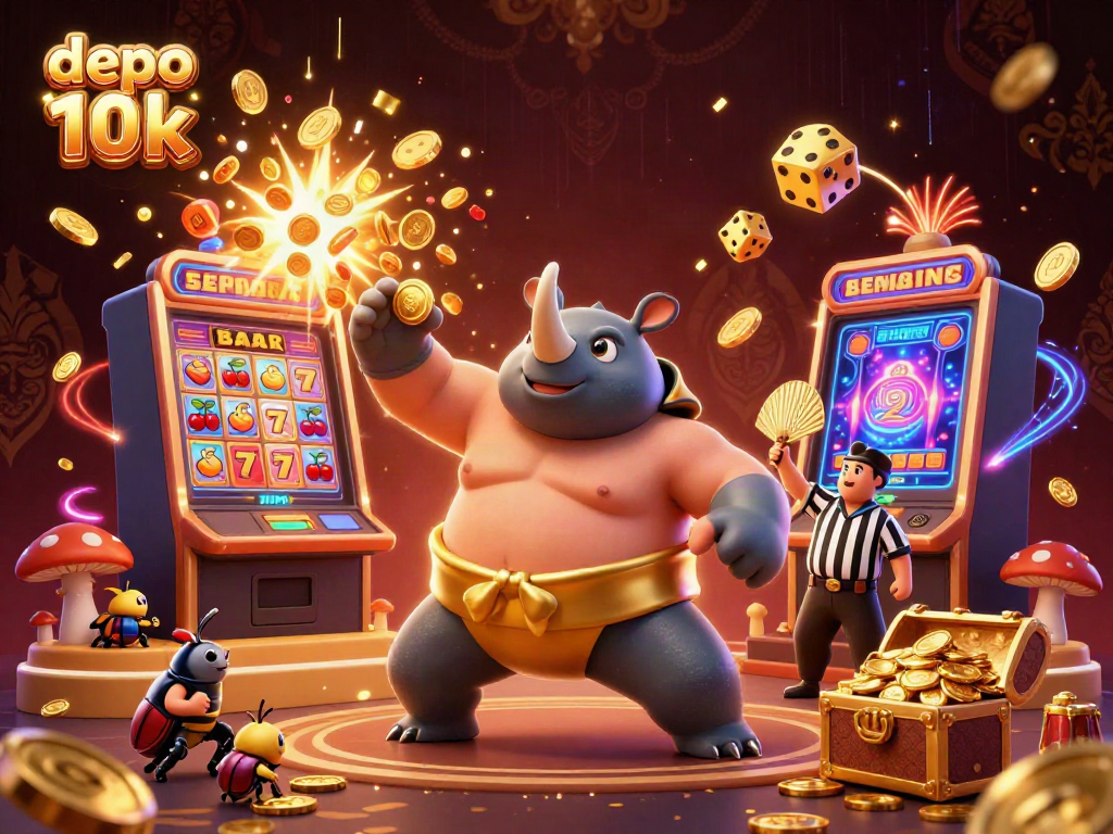 Experience exciting slots with depo 10k as a rhinoceros beetle sumo champion stomps for jackpots amidst falling coins.