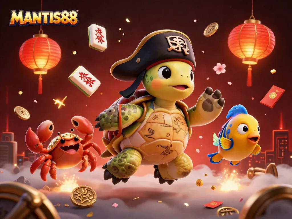 Engage with MANTIS88 through vibrant gameplay with a cartoon pirate turtle and treasures.