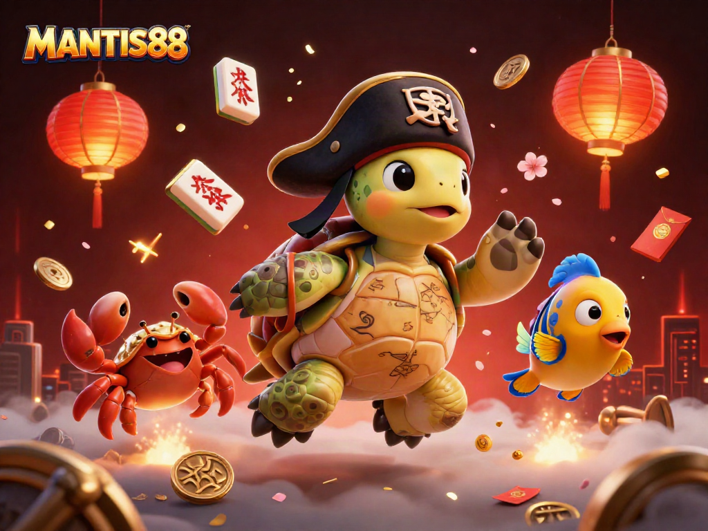 Engage with MANTIS88 through vibrant gameplay with a cartoon pirate turtle and treasures.