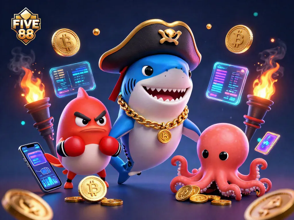 Engage in thrilling adventures with FIVE 88, featuring a pirate shark, angry pufferfish, and octopus amidst vibrant casino elements.