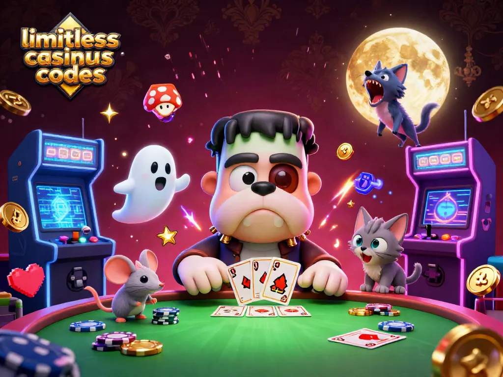 View limitless casino bonus codes illustrated with a Frankenstein bulldog and haunted elements at a spooky casino table.