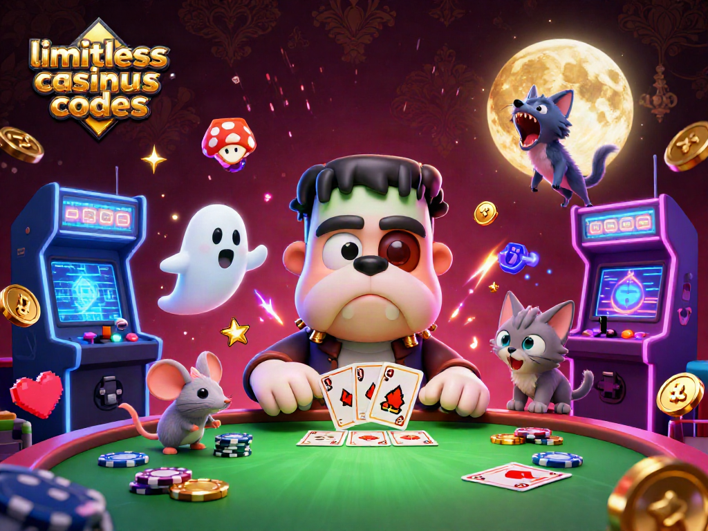 View limitless casino bonus codes illustrated with a Frankenstein bulldog and haunted elements at a spooky casino table.